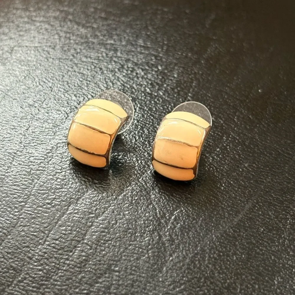 Vintage Cream & Gold Huggie Earrings Neutral Enamel Gold Tone Pierced